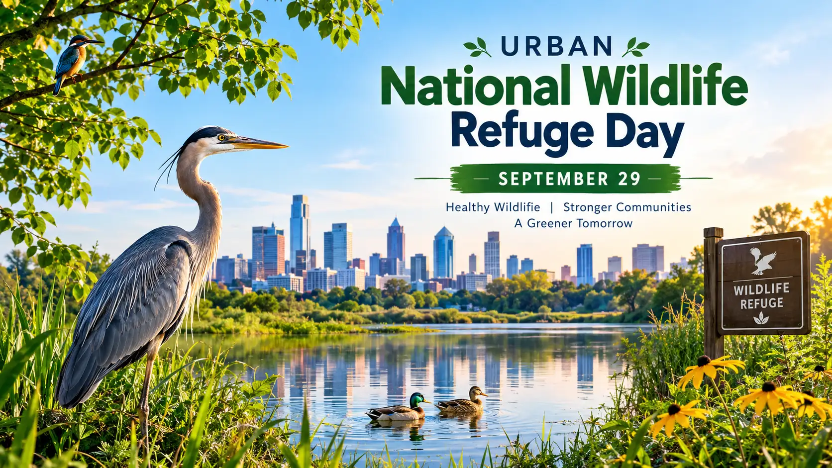 Urban National Wildlife Refuge Day with wildlife, trees, wetlands, and an urban skyline